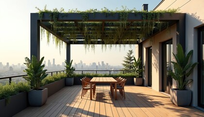 Obraz premium Minimalist rooftop terrace with wooden deck and pergola, urban city skyline background. Outdoor dining table and chairs, potted plants, modern architecture. Sunny day.
