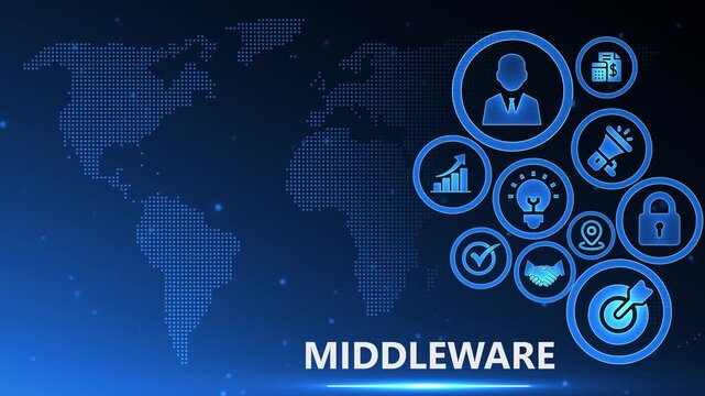 Middleware technology concept with digital human face and cyber icons on futuristic blue grid background