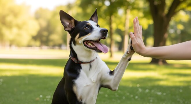 Happy dog giving high five to human hand, positive training and pet bonding moment, friendship trust and animal love concept