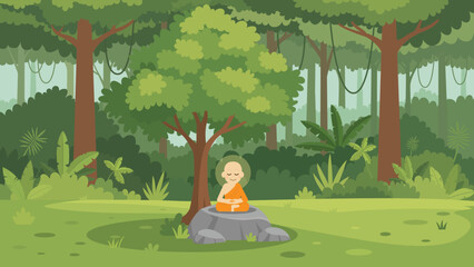 Buddhist Monk Meditating in a Lush Jungle.A tranquil 2D flat design illustration featuring a young Buddhist monk in orange saffron robes meditating with a glowing halo.
