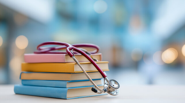 A stethoscope rests on a stack of colorful books, symbolizing the fusion of medical knowledge and education in a bright, soft-focus environment.