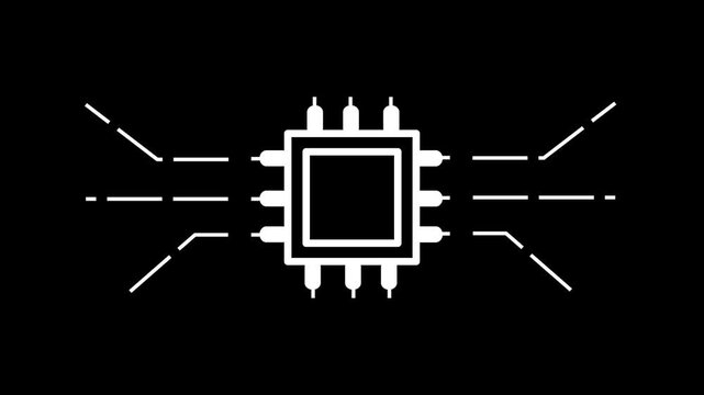 Animated CPU icon on black background. Minimalist line art representing technology, microchips, data processing, and computing power.