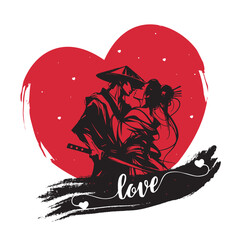Samurai silhouette  Valentine's Day. Handwritten calligraphic with red hearts. © Spiral Vector