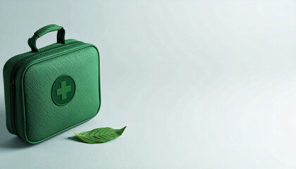 Green First Aid Kit With Leaf Accent on White Background Medical, Health, and Safety Stock Photo.