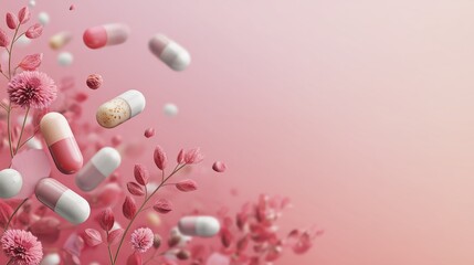Abstract women's health background on soft pink and white gradient with floating capsules and subtle botanical elements, modern healthcare technology meets nature
