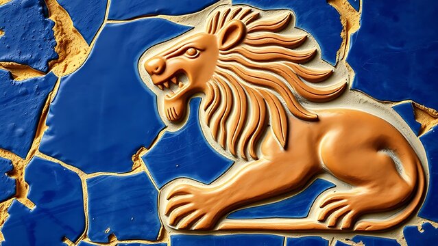 ishtar. Glazed brick relief of a lion against lapis lazuli blue background with gold accents, intricate patterns. event programs.