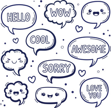 Illustration of cute speech bubbles with various friendly expressions