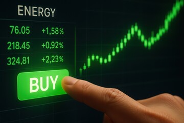 Energy stock market shows rising gas and oil barrels prices indicating investment in resource economy stability and commodity trading with finger pressing buy button for growth
