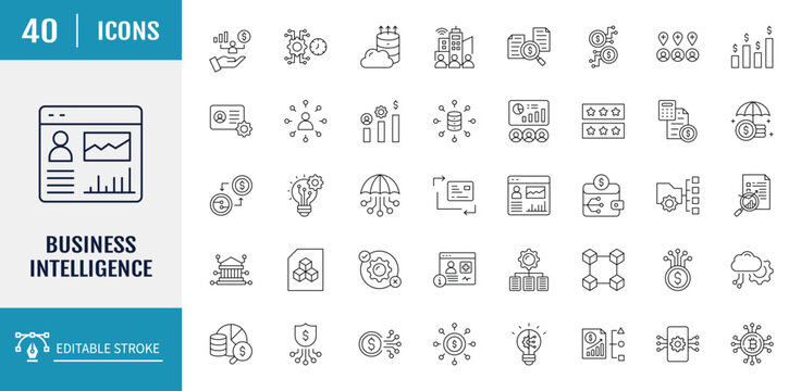 Business intelligence icon set. Includes technology, enterprise, data analysis, management, reporting, mining and more. Vector illustration with editable strokes
