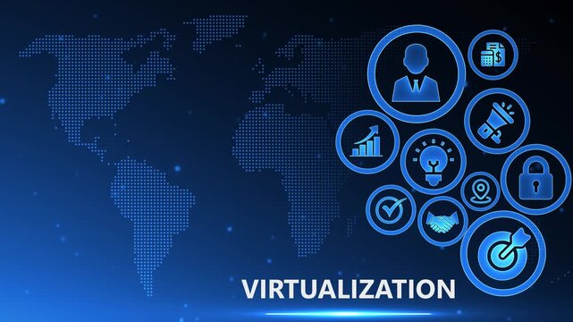 Virtualization technology concept with digital face and cloud computing icons in futuristic blue cyber network background