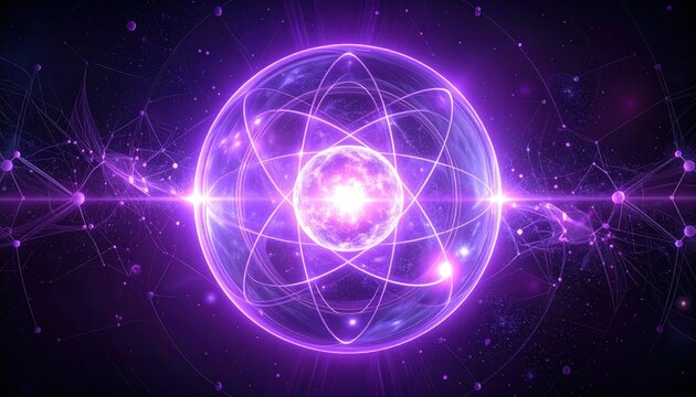 Abstract glowing atom nucleus with orbiting electrons in purple cosmic background.