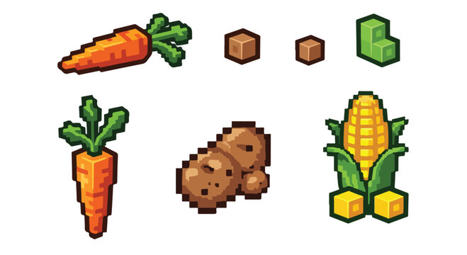 Collection of Retro Pixel Art Farm Vegetables and Items Vector Illustration Isolated