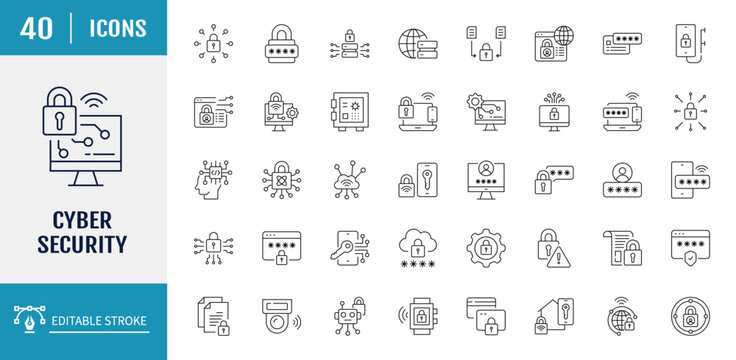 Cyber security icon set. Data protection and Secured network icon collection. Outline Icon Collection. Vector illustration with editable strokes