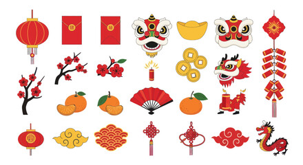 Chinese New Year Symbols Collection: Lanterns, Dragon, Lion Dance, Envelopes, Oranges