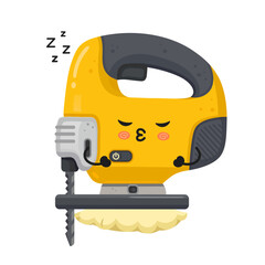 Naklejka premium Cute cartoon jigsaw tool sleeping on sawdust