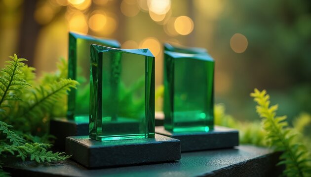 Three green glass awards sit on dark bases amidst rich ferns. Soft bokeh lights in background. Represents eco friendly success and achievement.