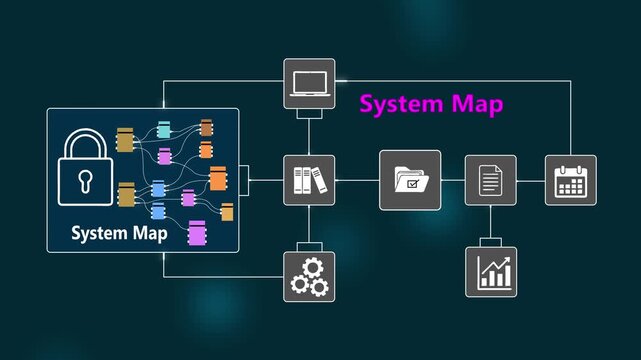 System Map Infographic with Lock and Various Business on Dark Background lock business flowchart diagram