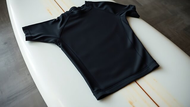 rashguard. A sleek black rashguard laid flat on a surfboard, showcasing matte texture and seams. lifestyle magazines, social media lookbooks, designed for influencer and brand collaborations.