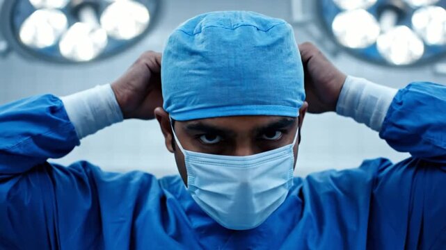 Focused surgeon in blue scrubs and surgical mask preparing for operation in hospital setting with intense gaze