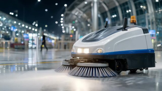 40Close-up of an autonomous sweeper scrubber machine cleaning a glossy airport floor, rotating brushes and water jets in motion, AI camera sensors visible on the front, reflections o
