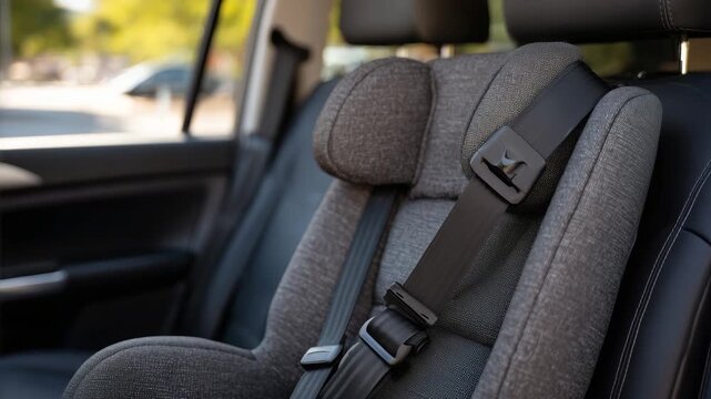 276Close-up of padded shoulder straps and buckle of a child car seat, installed in a sedan back seat, seatbelt threading clearly visible, professional product and safety focus