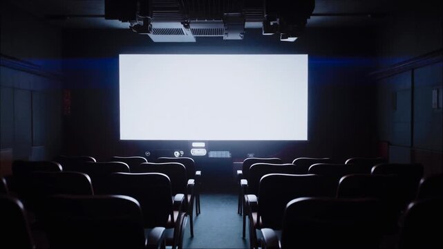 White screen glow illuminating theater seat silhouettes, flickering projector light, cinematic loop, 4K, 2026