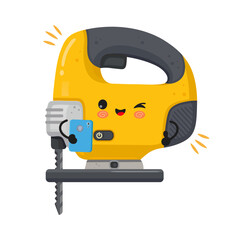 Fototapeta premium Jigsaw power tool cartoon taking a selfie