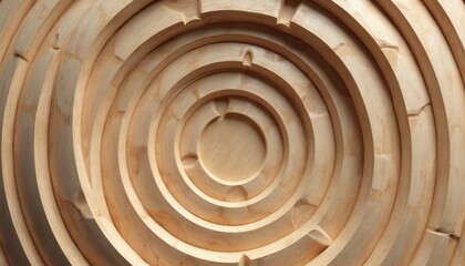 Obraz premium Natural wood material crafted into concentric circles creating a maze like pattern with light and shadow play. Organic texture, timber surface, geometric design.