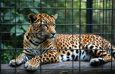 Fototapeta premium Leopard rests on log inside zoo enclosure. Big cat with spotted fur looks out from behind metal bars. Wild animal waits patiently in its habitat.