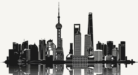 City skyline with tall buildings.