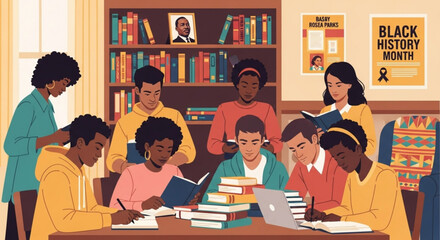 Diverse students studying together in library for black history month