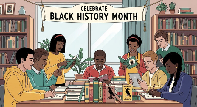 Diverse group celebrating black history month in library with books - Powered by Adobe