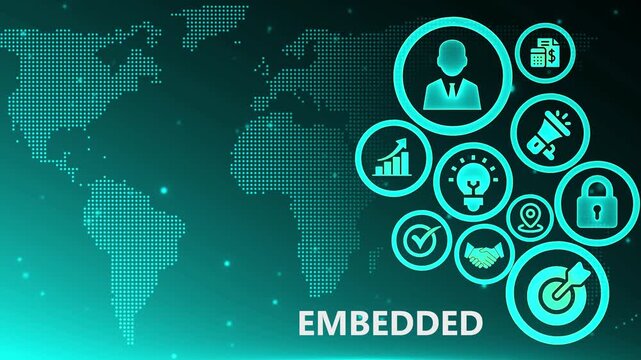 Embedded systems technology icons with global network background futuristic digital interface cybersecurity innovation and automation concept