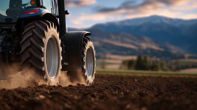 303Close-up of front and rear tractor tires on dry farmland, plow digging deep into soil, dust and earth flying, vast rural field and horizon visible