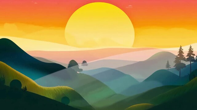 Peaceful 2D vector landscape animation with rolling hills and a large setting sun in warm colors.