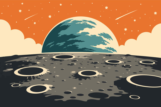 Moon surface view with planet earth in retro comic style for space exploration