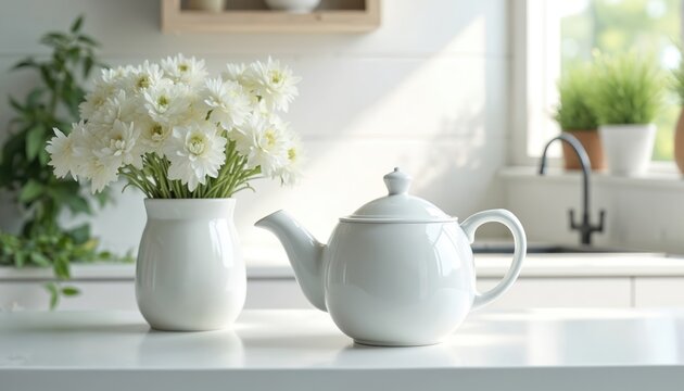 White ceramic teapot sits beside white flowers in a vase on a bright kitchen counter. Morning light streams through window, creating serene home atmosphere. Tea time setup.