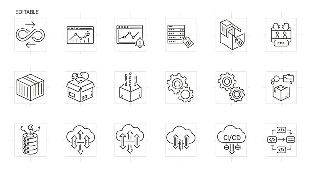  DevOps and infrastructure icons, editable line set, showing infinity DevOps loop, monitoring dashboard, container box, automation gear, cloud with arrows