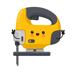 Naklejka premium Yellow jigsaw power tool cute cartoon character waving
