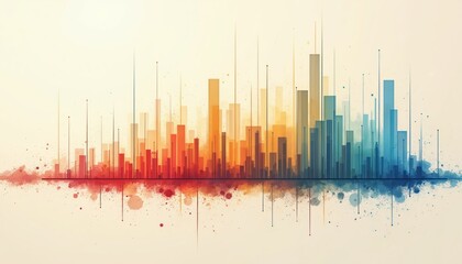 Abstract skyline city graph with rising bars and connecting lines. Represents data analytics financial growth progress and economic development in a modern urban setting.