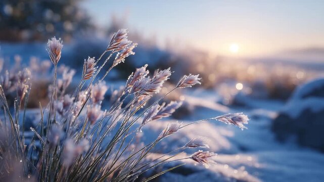 324Extreme close-up of wheat tips breaking through frozen snow, fine frost glistening on plant surface, soft diffuse sunlight creating a peaceful winter farmland atmosphere