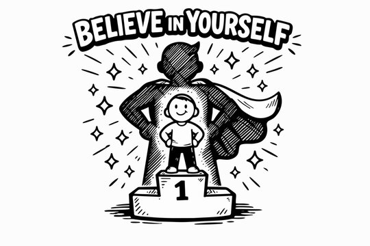 Child standing on podium with superhero shadow, believing in self concept
