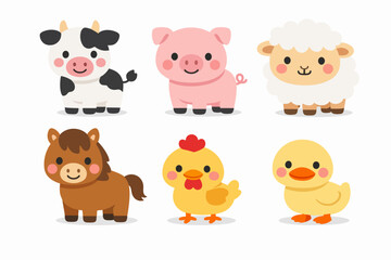 Obraz premium Cute farm animal characters standing, featuring cow, pig, sheep, horse, chicken, and duck