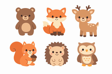 Obraz premium Cute woodland animals illustration with bear, fox, deer, squirrel, hedgehog, owl characters