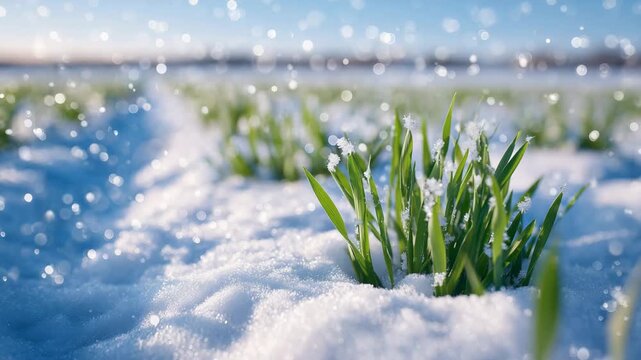 329Close-up of wheat seedlings visible beneath snow, snow layer thin enough to see vibrant shoots, morning frost sparkling on leaves, winter field and growth theme