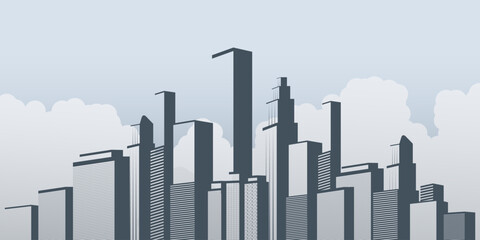Skyscraper Cityscape Silhouette with Modern Tall High Rise Buildings - Urban Skyline Illustration Featuring Skyscrapers in Grey Tones Against Pale Blue Sky with Clouds -Vector Template