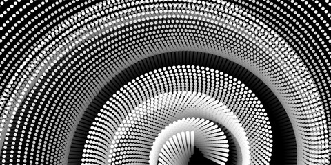 Abstract 3D spiral pattern made of white spotted lines on a black background. The dynamic, optical illusion effect creates depth and motion, perfect for modern design, posters or digital art projects.
