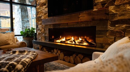 Obraz premium Electric fireplace setup in a lodges lounge area emphasizing clean installation and customizable flames for a safe hasslefree cozy environment.