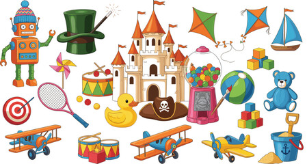 Naklejka premium Kids Toys and Playtime Illustration Set with Castle Robot Airplanes and Outdoor Fun Elements for Children Design