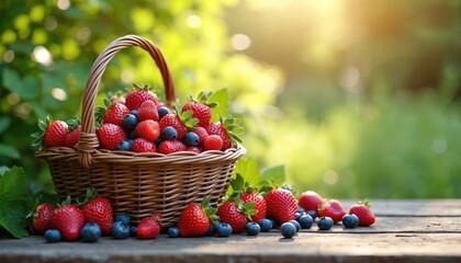 Ripe strawberries and blueberries in a wicker basket on a wooden table outdoors. Fresh red berries and blue fruits are scattered on the rustic surface with green leaves in soft focus background.